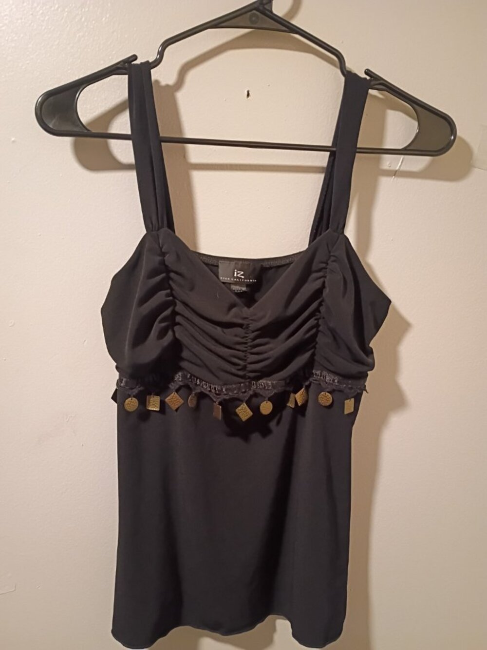 Y2k Babydoll Top Black Smocked Stretchy Gold Tone Tassel Charms Fairy Boho Sz L